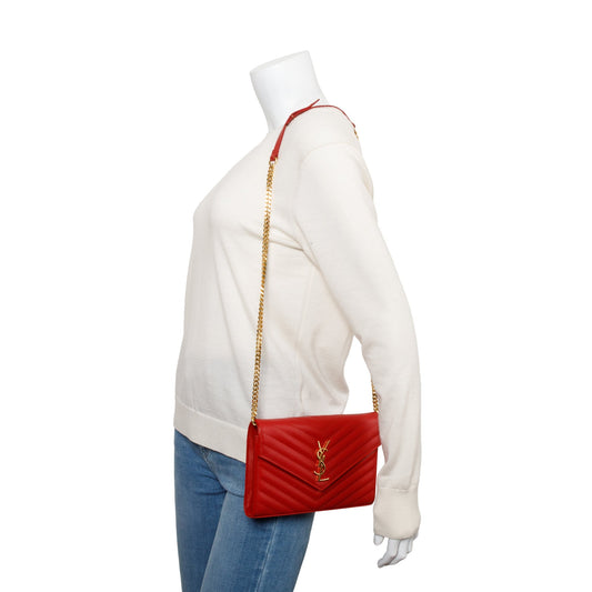 Saint Laurent Red Grain De Poudre Leather Cassandre Matelasse Chain Wallet
