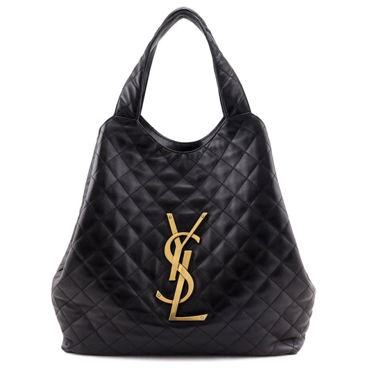 Luxury Saint Laurent Trending 2025 Black Lambskin Quilted Maxi Icare Shopping Tote