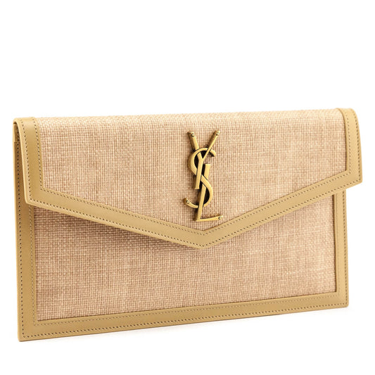 Luxury Saint Laurent Trending 2025 Natural Hay Blush Raffia Uptown Pouch