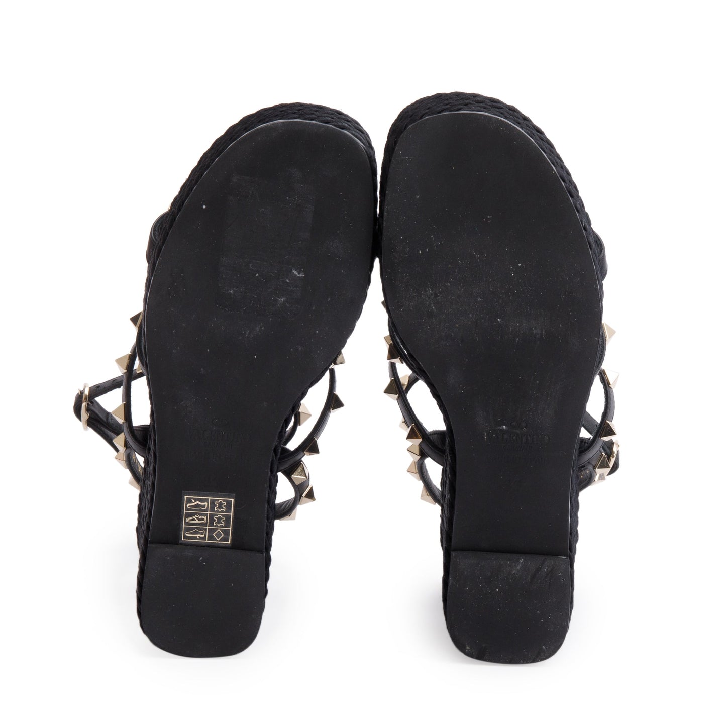 Valentino Black Calfskin Rockstud Ankle Strap Wedge Sandals, Size 35