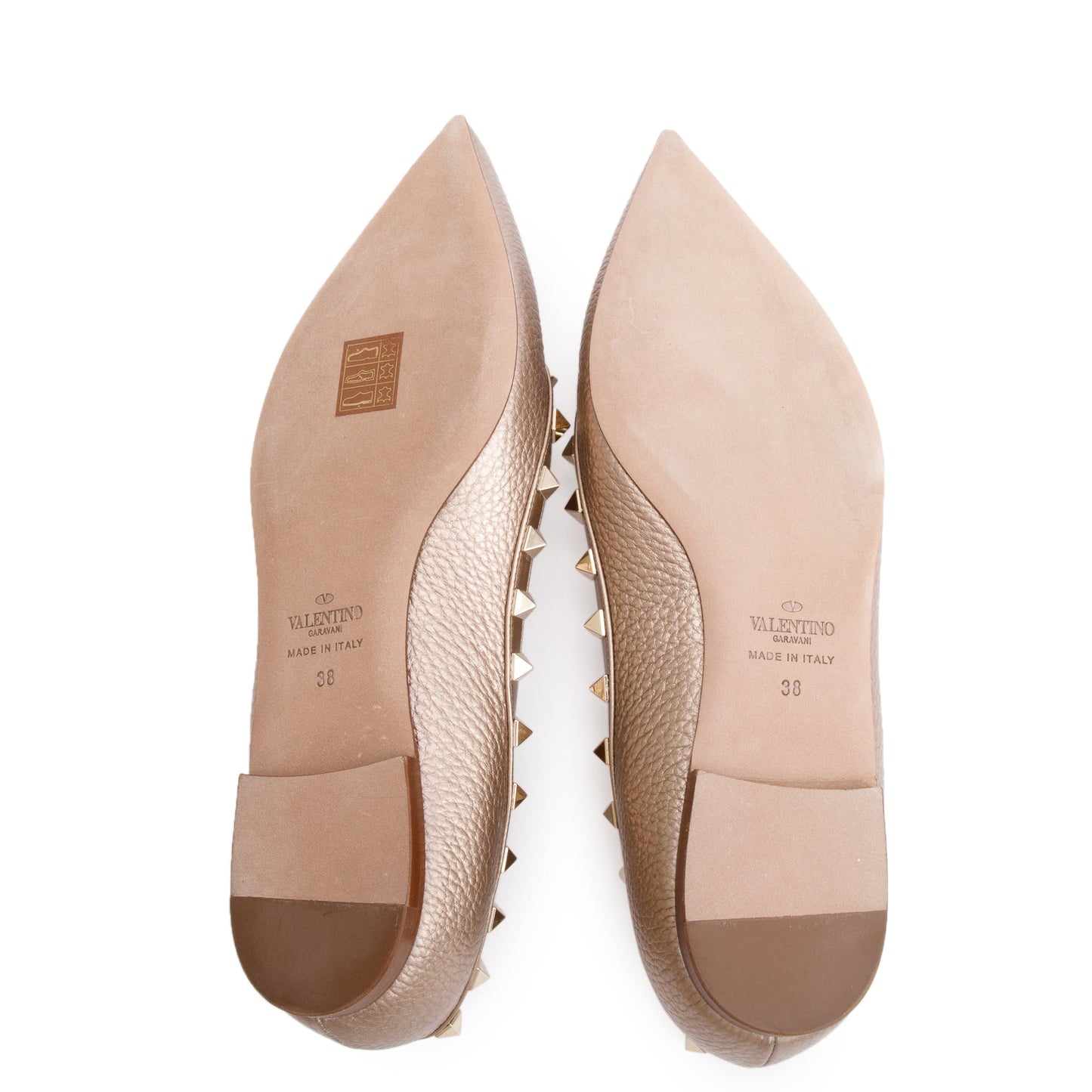 Valentino Metallic Gold Grained Leather Rockstud Ballet Flat Shoes, Size 38