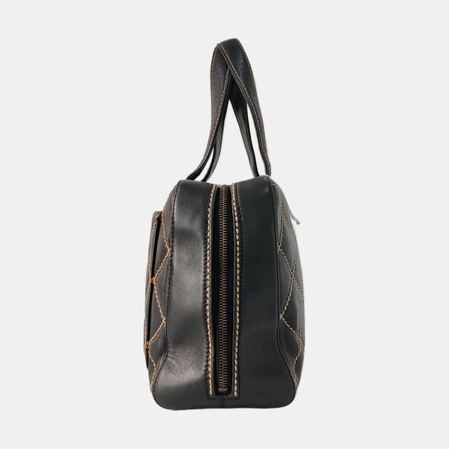Chanel Boston Wild Stitch Black Top Handle Zip Opening Bag