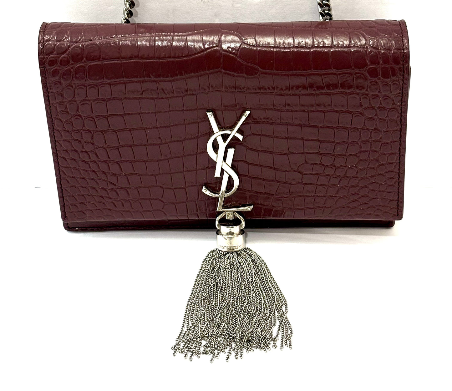 YSL CALFSKIN CROC EMBOSSED KATE MEDIUM TASSEL CHAIN BAG