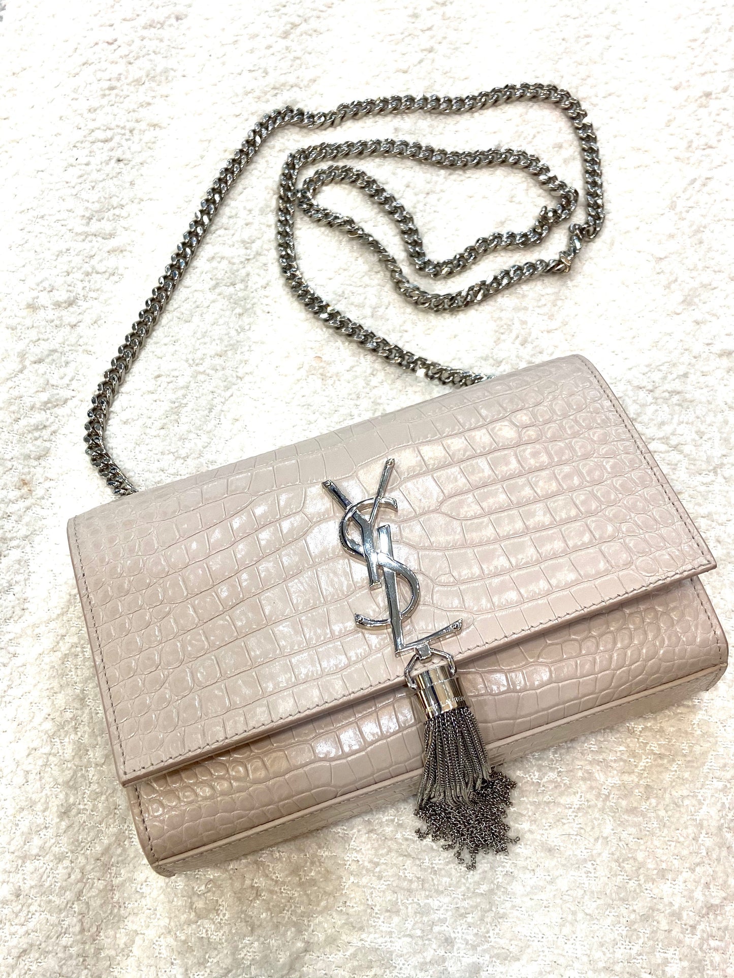 YSL CROC EMBOSSED CALFSKIN MONOGRAM KATE SMALL TASSEL BAG