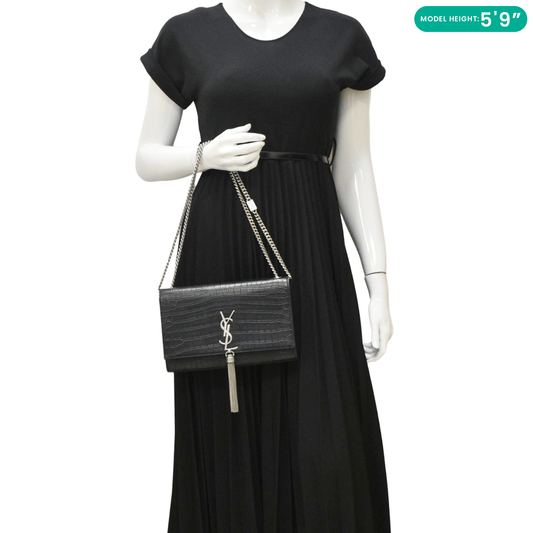 YVES SAINT LAURENT Kate Tassel Medium Crocodile Embossed Leather Crossbody Bag Black