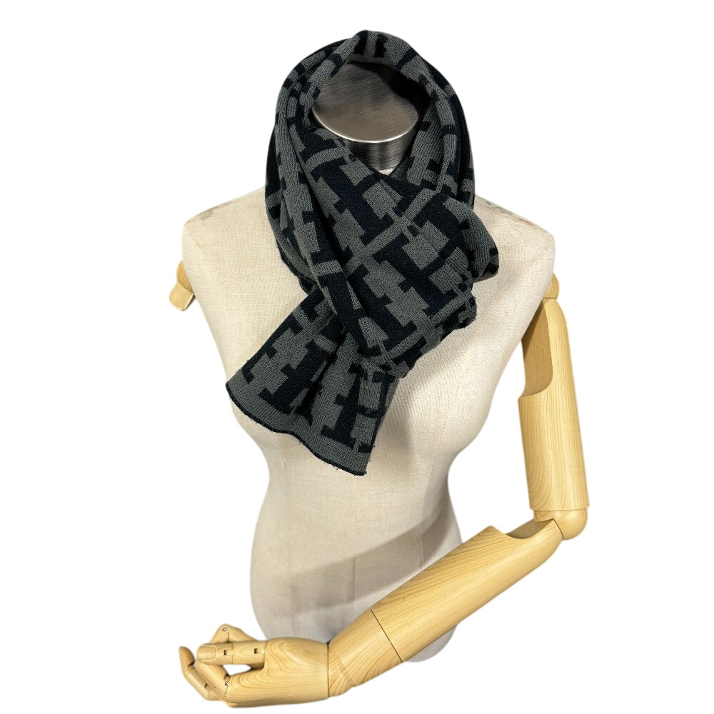 HERMES Scarf wool black H pattern reversible mens
