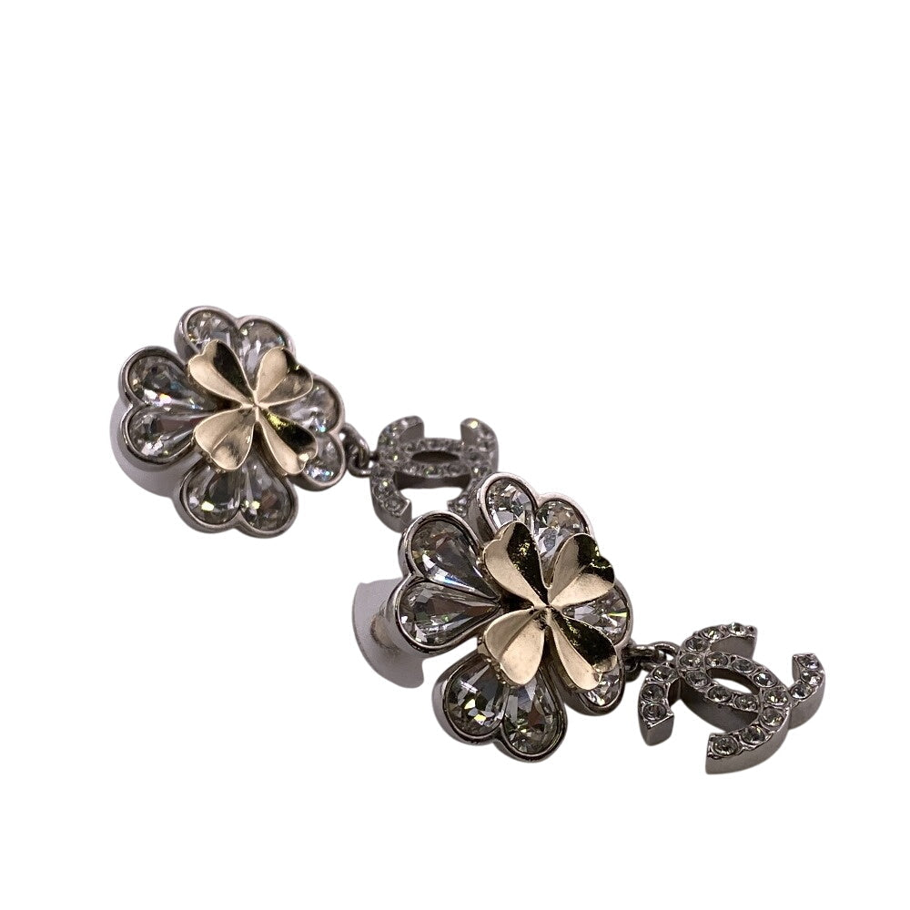 CHANEL Pierce ABA906 Gold Plated, Rhinestone Silver COCO Mark Clover