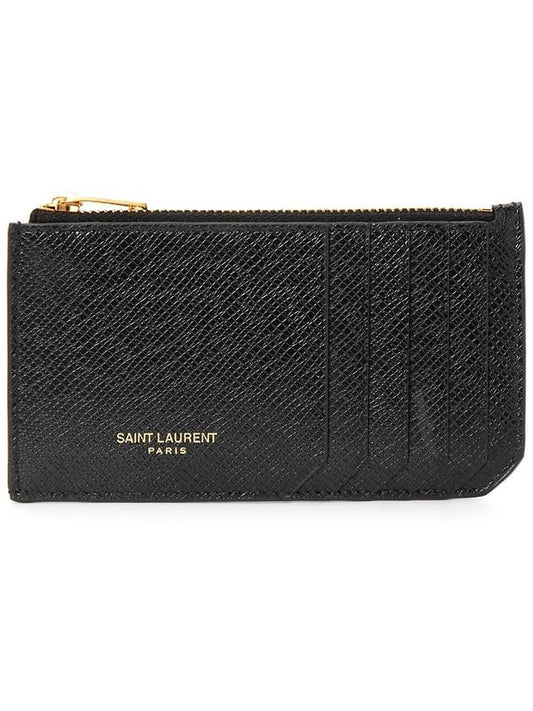 Luxury Saint Laurent Trending 2025 Coated Bark Leather Fragment Zipper Card Wallet Black