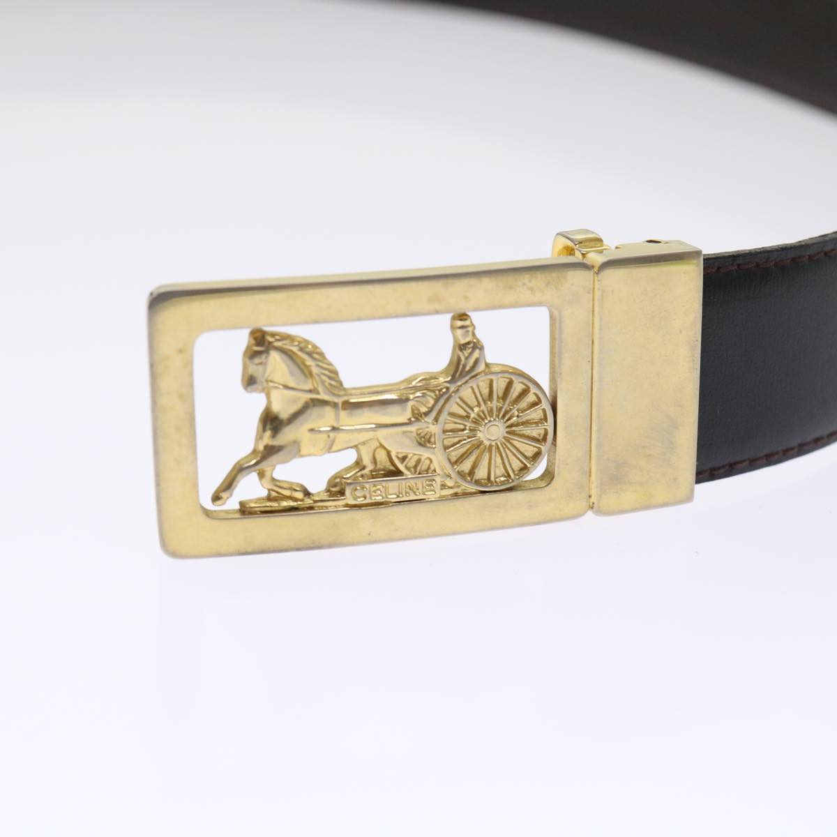 Luxury CELINE Horse Carriage Belt Leather 28""-32.3"" Black ar9780