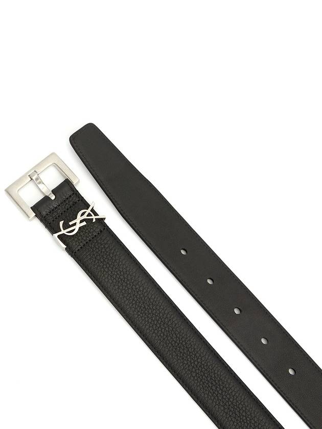 Luxury Saint Laurent Trending 2025 Grained Leather Silver Monogram Belt Black