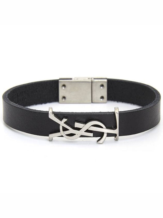 Luxury Saint Laurent Trending 2025 Opyum Silver Logo Leather Bracelet Black