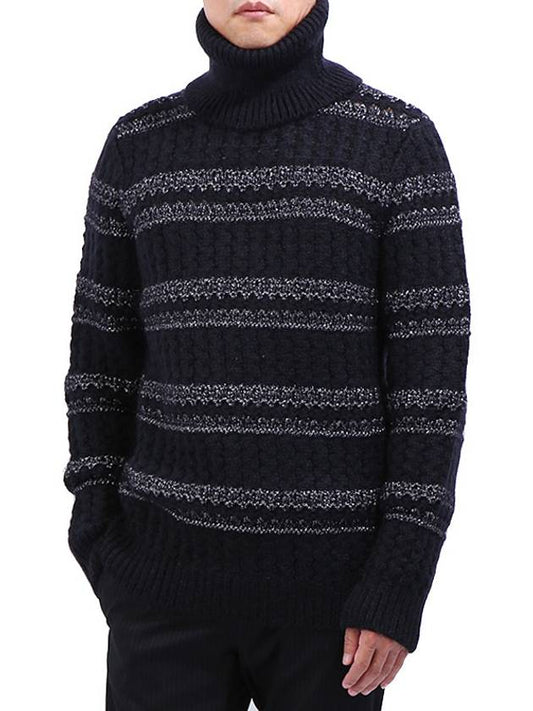 Luxury Saint Laurent Trending 2025 Men's Striped Cable Wool Turtleneck Black