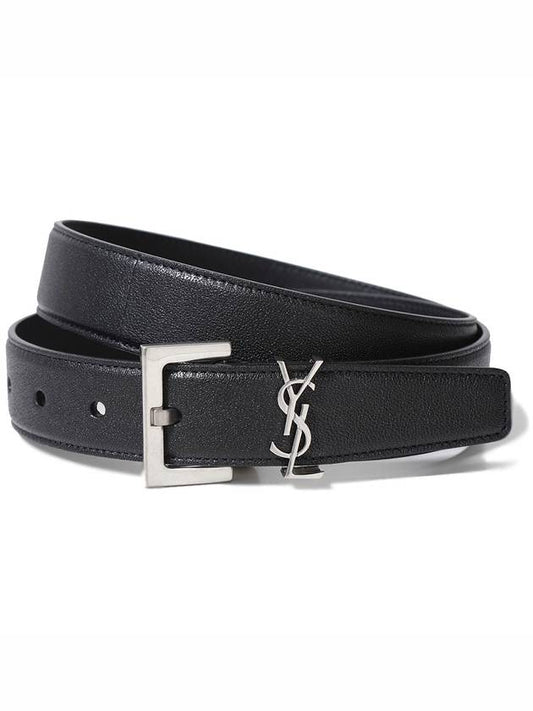 Luxury Saint Laurent Trending 2025 Silver Hardware Monogram Buckle Leather Belt Black