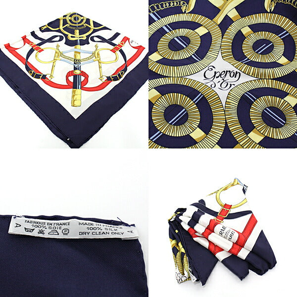 HERMES scarf 100% silk Navy/Gold/Red/White scarf Carre90 Eperon d Or Women