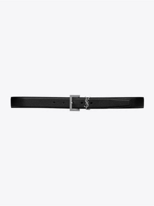 Luxury Saint Laurent Trending 2025 Grained Leather Silver Monogram Belt Black