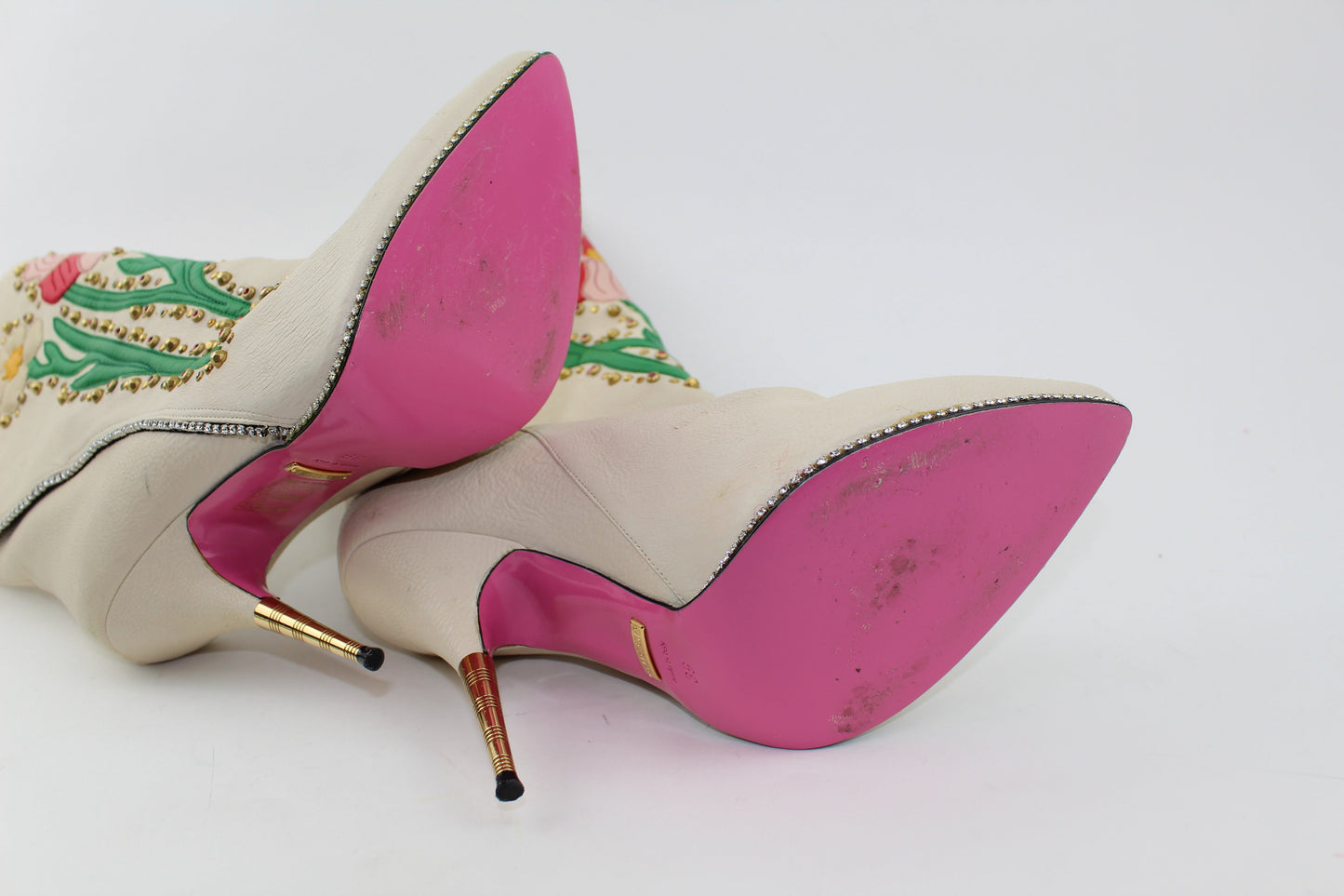 GUCCI FOSCA FLORAL-EMBROIDERED LEATHER BOOT SIZE 39