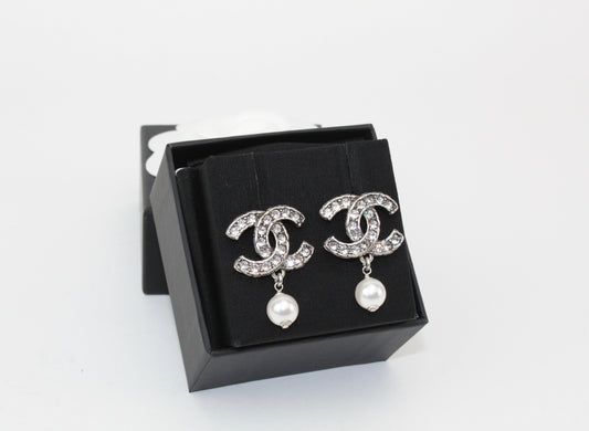 Chanel CC Silver and Pearl Earrings
