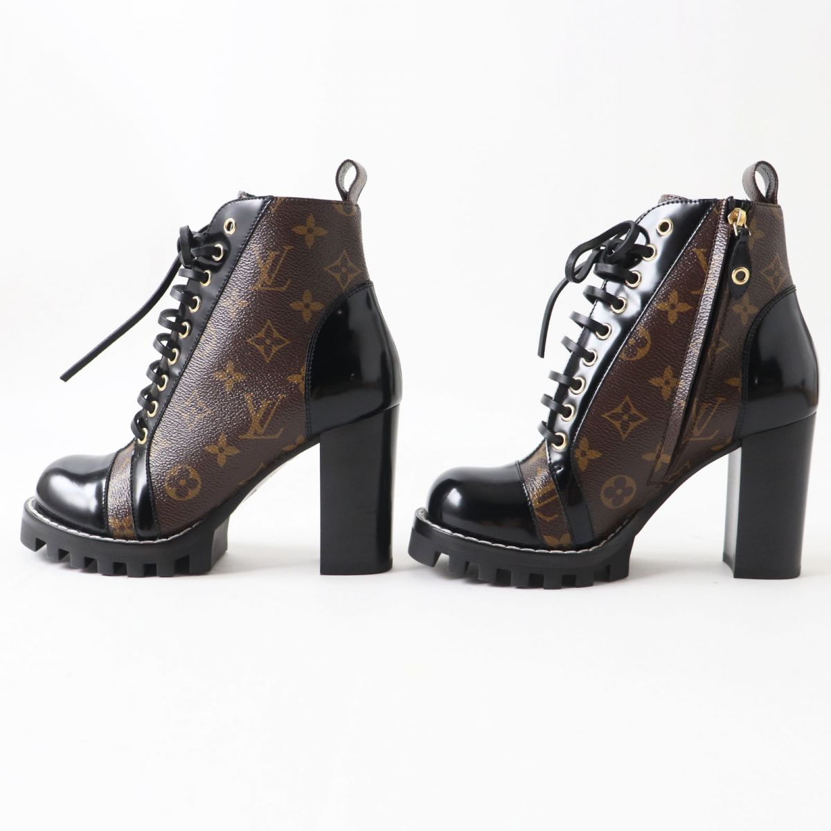 LOUIS VUITTON boots Patent leather x monogram canvas Black x Brown (Monogram Pattern) Women 37