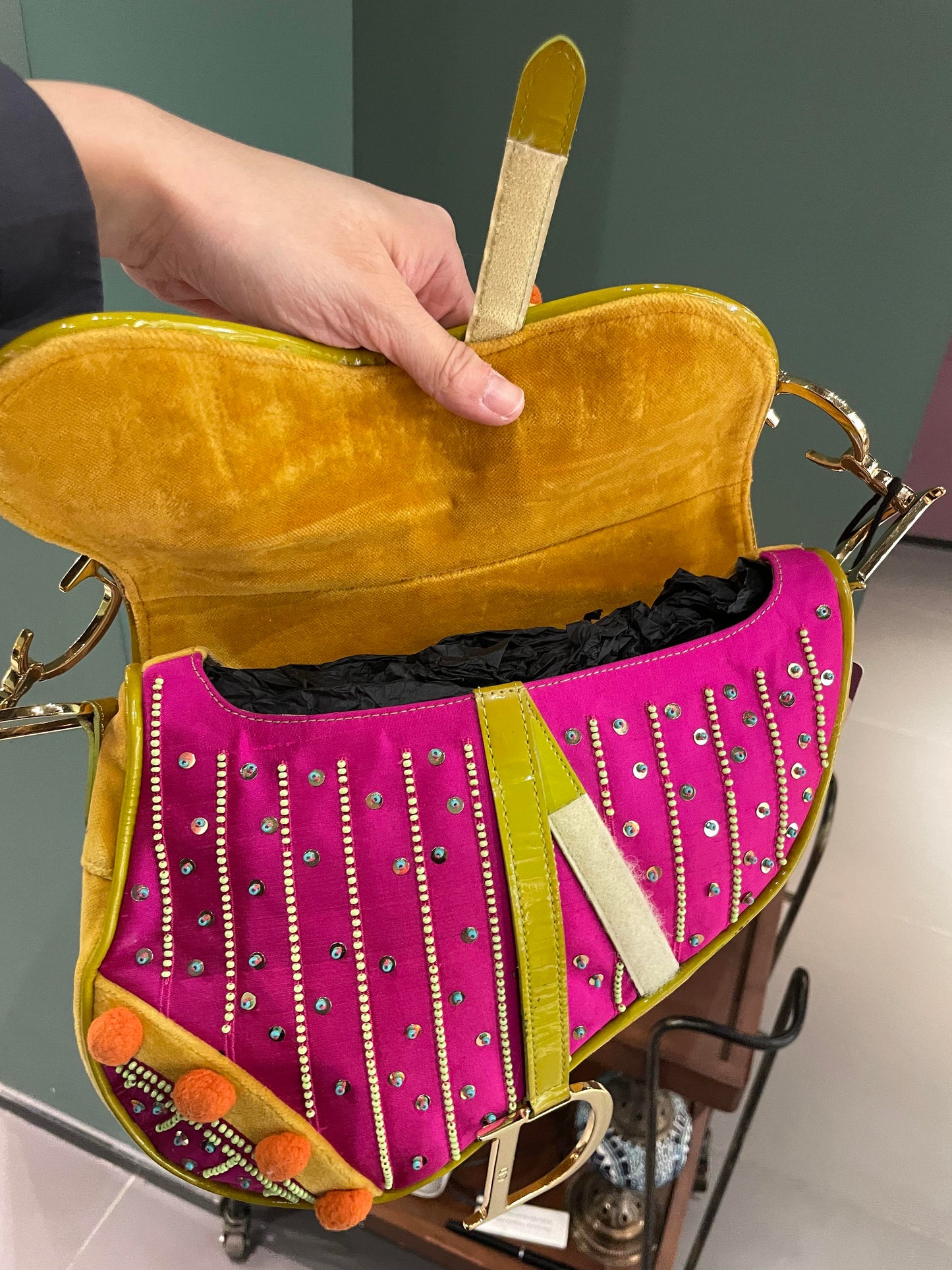 Limited Edition John Galliano era Dior Saddle bag with pompom and bead