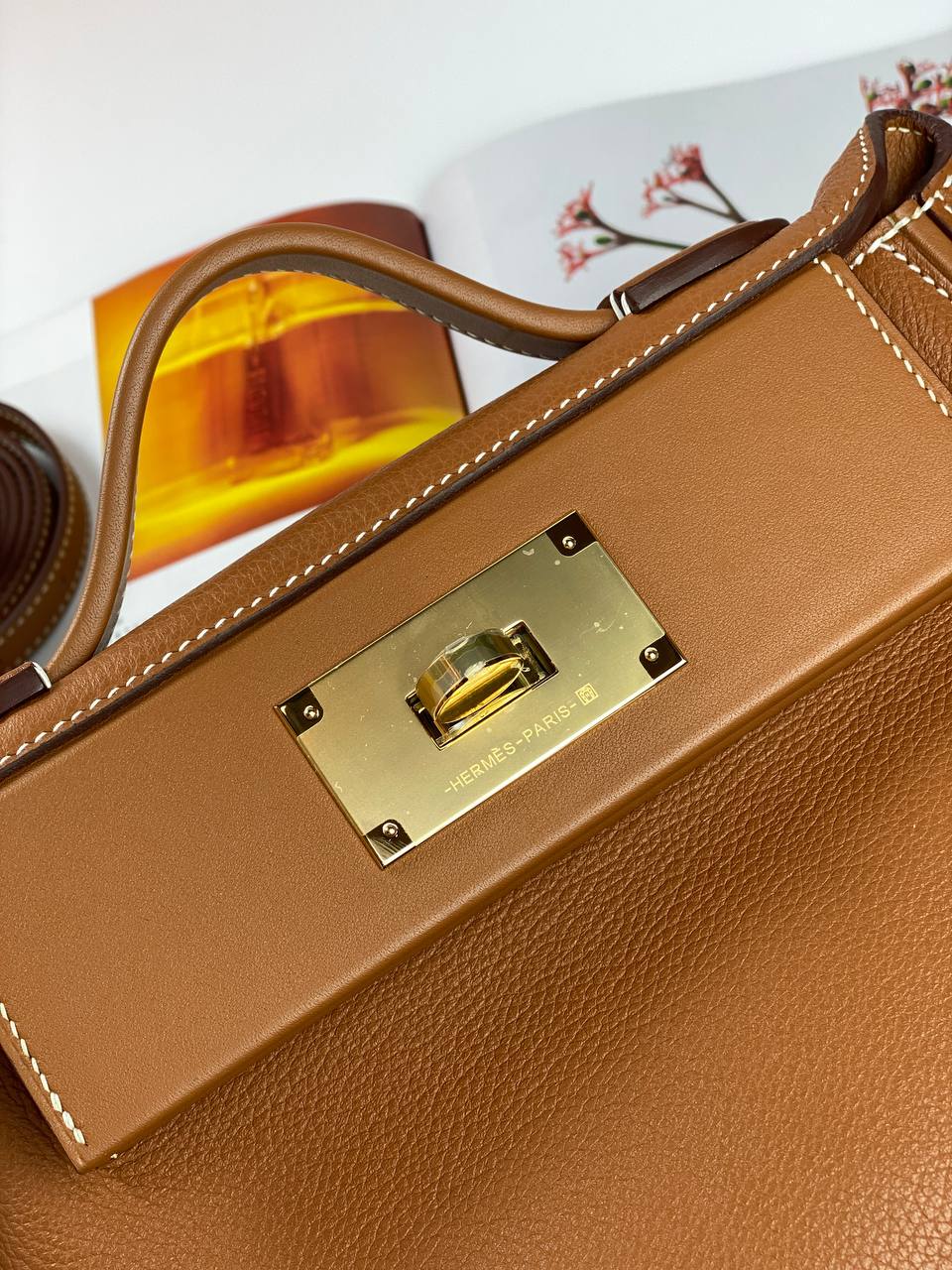 Luxury Hermes 24/24 Bag Evercolor with Swift 21 brown Gold Hardware