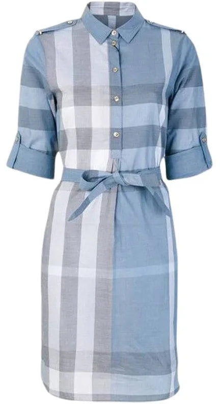 Luxury Burberry Kelsy Check Shirt Blue Dress