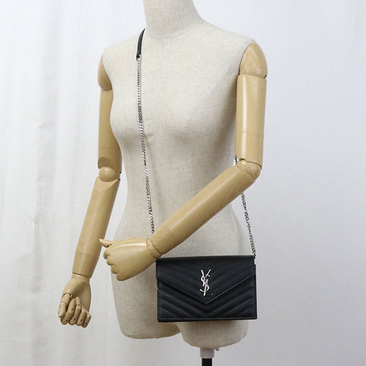 SAINT LAURENT 742920 envelope Cassandra Chain wallet Calfskin black Women