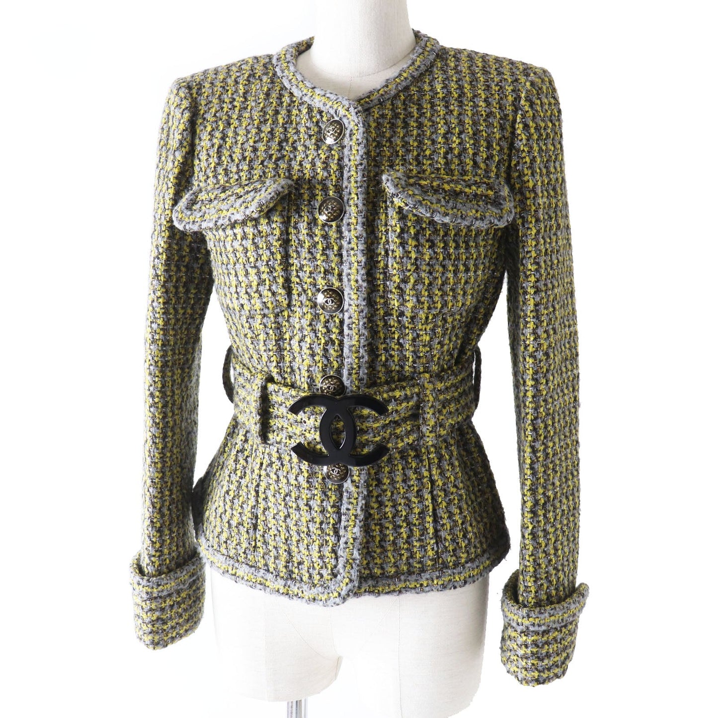 CHANEL coat P57148 Outer material: 43% rayon, 26% acrylic, 13% wool, 10% polyester, 7% nylon, 1% fiber, 100% silk Yellow x gray Women 36