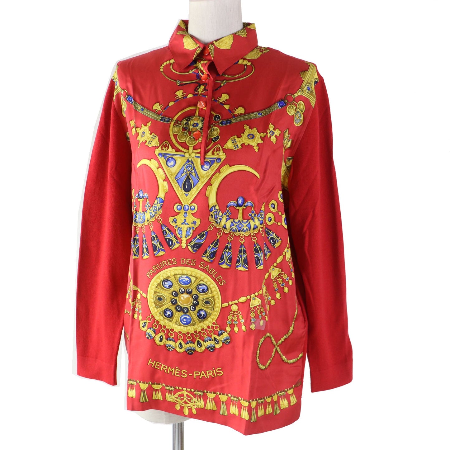 HERMES Long sleeve shirt Printed part: 100% silk; Knitted part: 85% cotton, 15% wool (15% cashmere) Red type Parures Des Sables Desert Accessories Women S