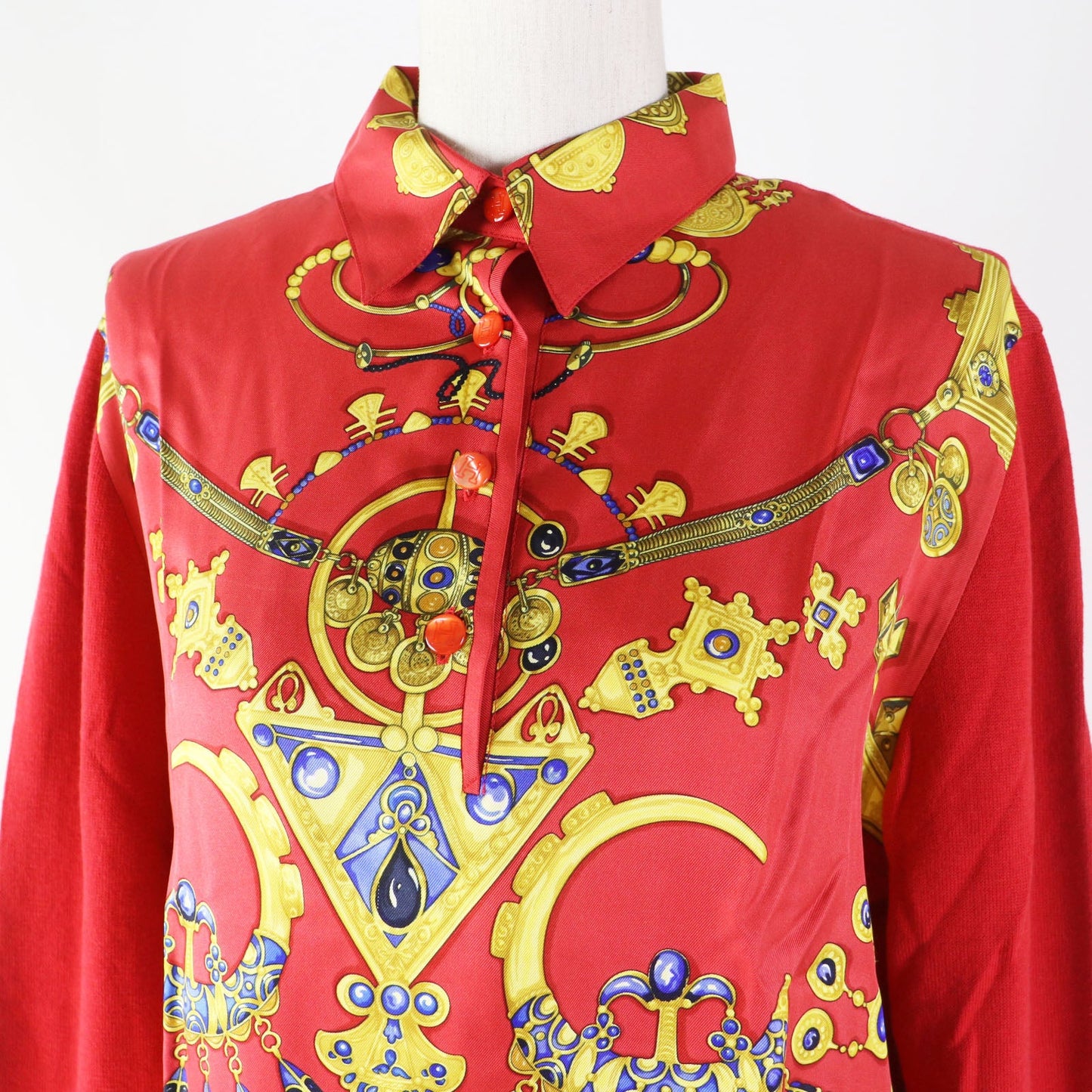 HERMES Long sleeve shirt Printed part: 100% silk; Knitted part: 85% cotton, 15% wool (15% cashmere) Red type Parures Des Sables Desert Accessories Women S