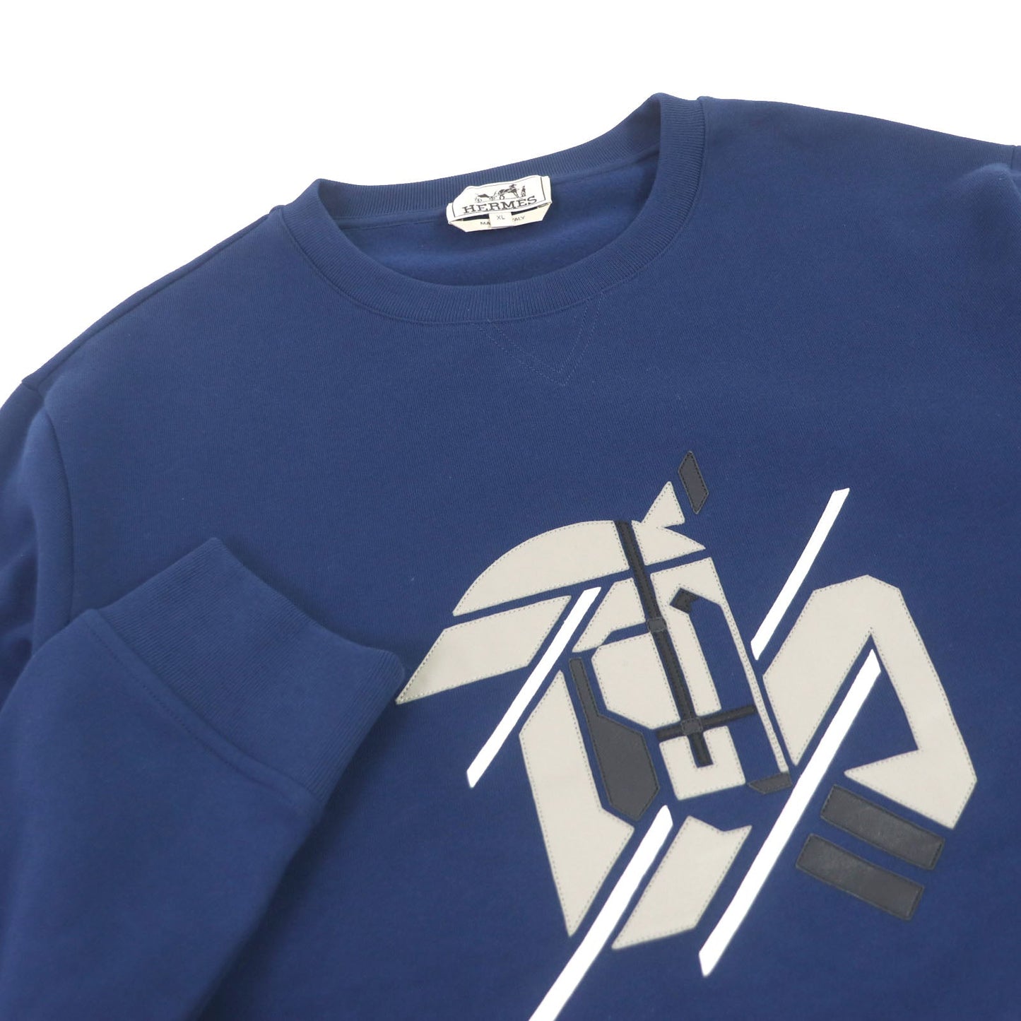 HERMES sweat Main: 100% cotton, Rib: 90% cotton, 10% polyurethane, Part: Sheep leather blue Chevaux en symmetry mens XL