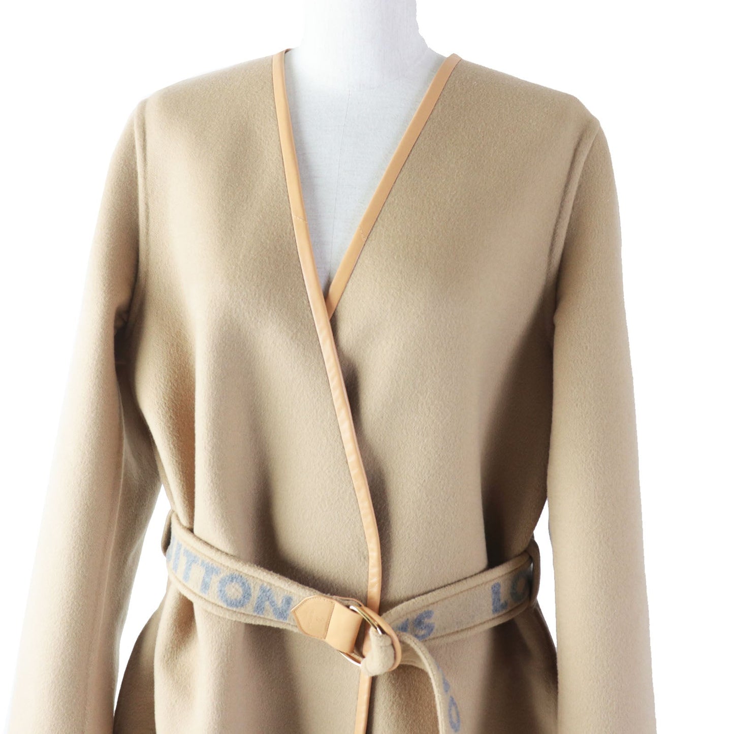 LOUIS VUITTON coat Outer: 99% wool, Outer: 1% silk, Lining: 53% rayon, Lining: 47% cupra, Leather part: sheepskin Synthetic leather part: 100% polyester PVC coating Belt: 99% wool, 1% silk Belt leather part: cowhide beige Women 38