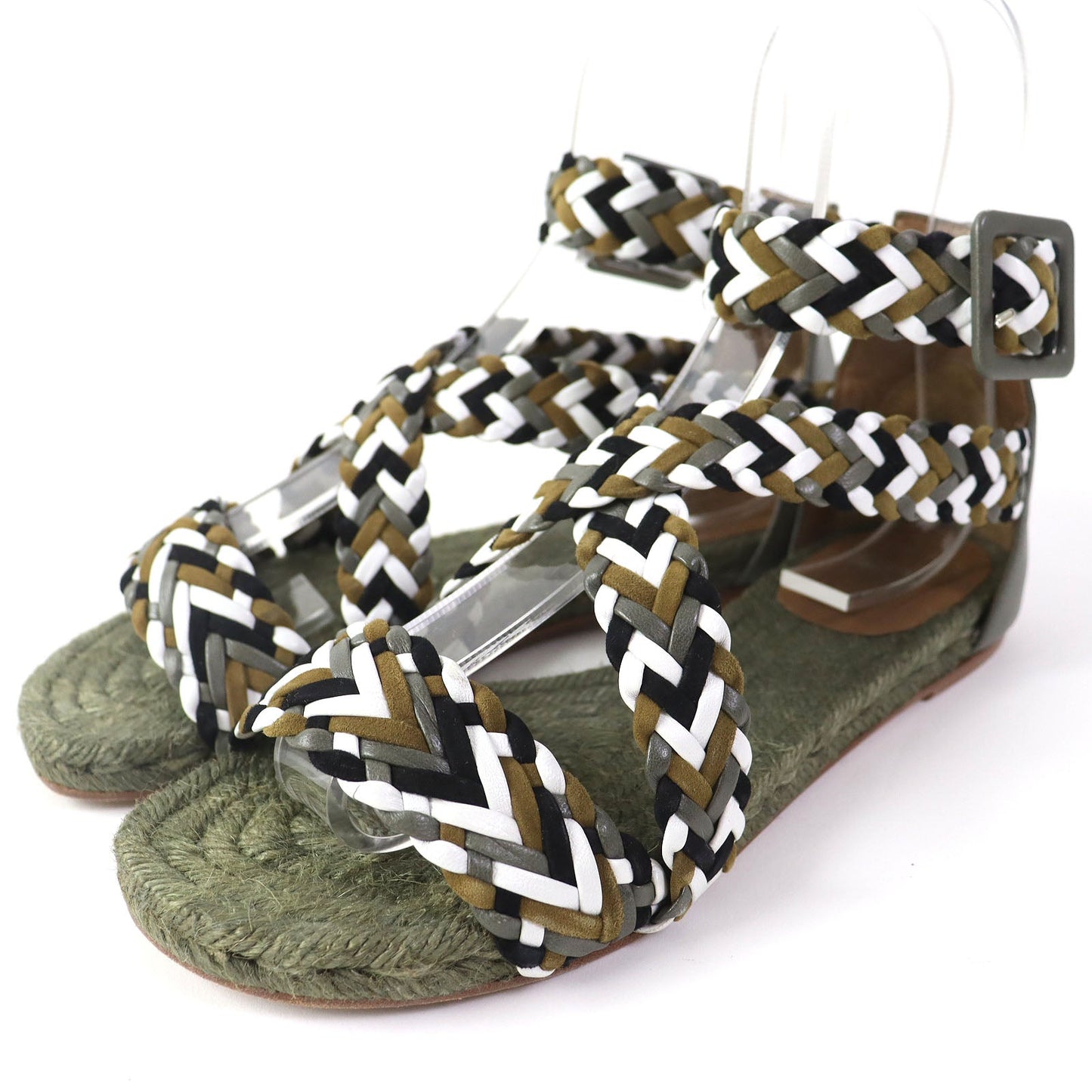 HERMES Sandals leather khaki Flat shoes Ankle With Strap Mesh design Women 36