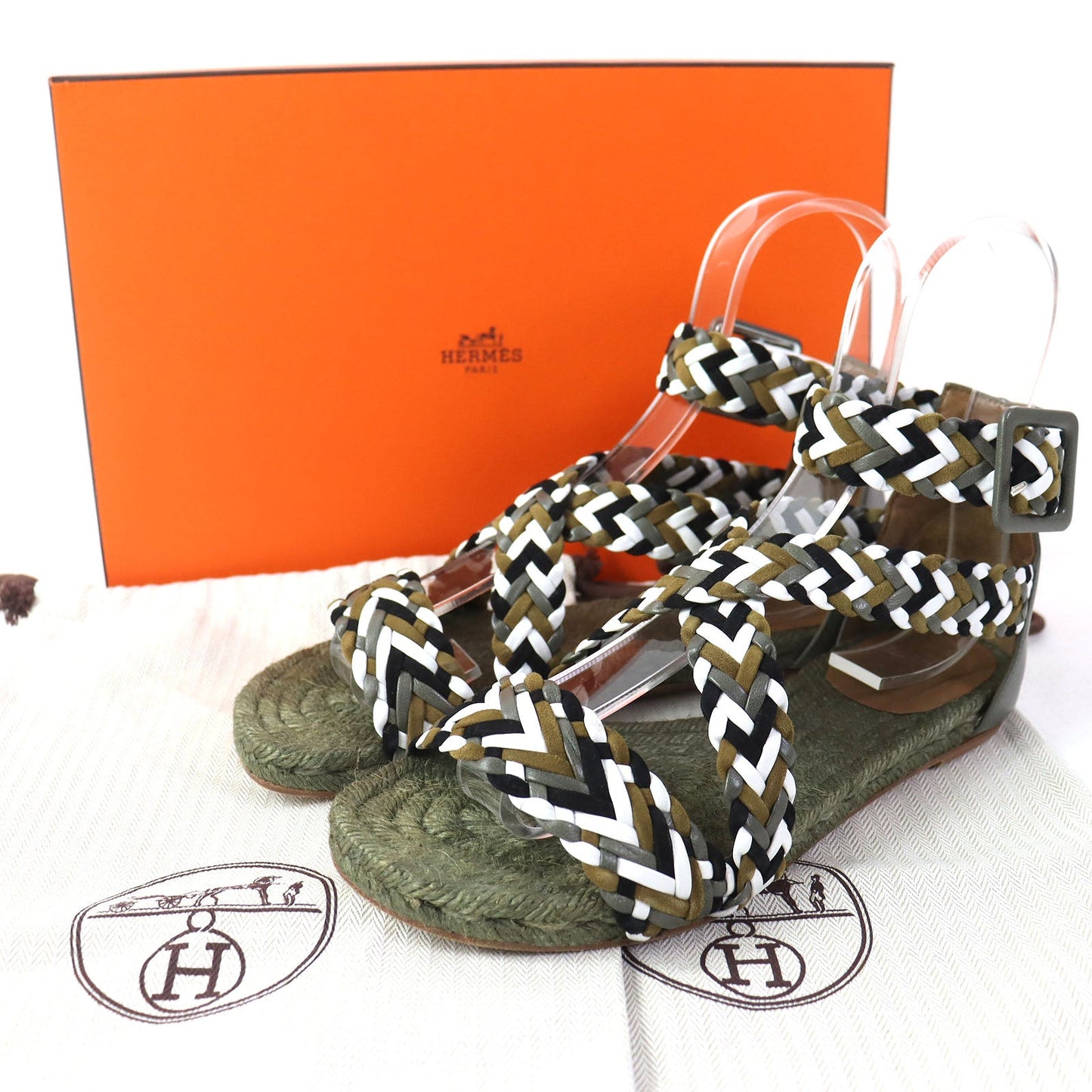HERMES Sandals leather khaki Flat shoes Ankle With Strap Mesh design Women 36