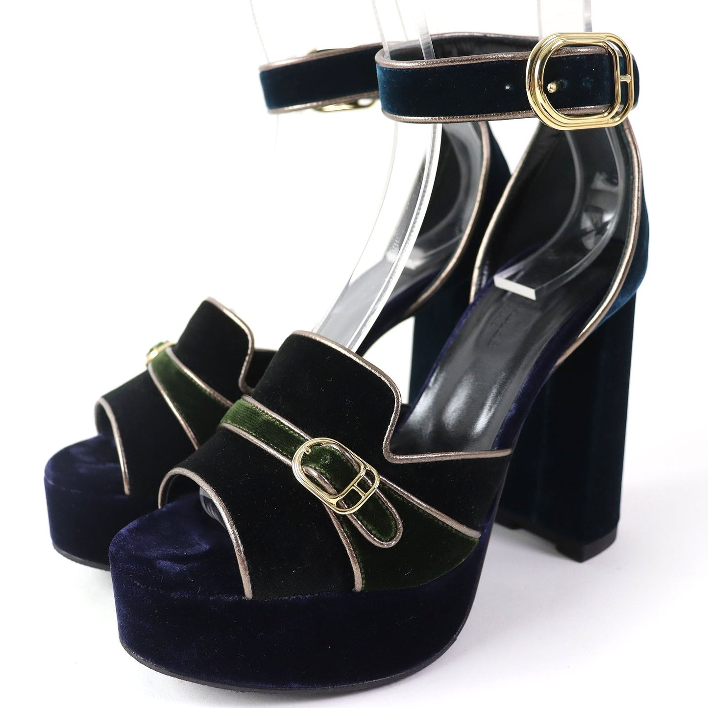 HERMES Sandals Velor Navy Ankle With Strap Chunky Heel Violetta Women 36