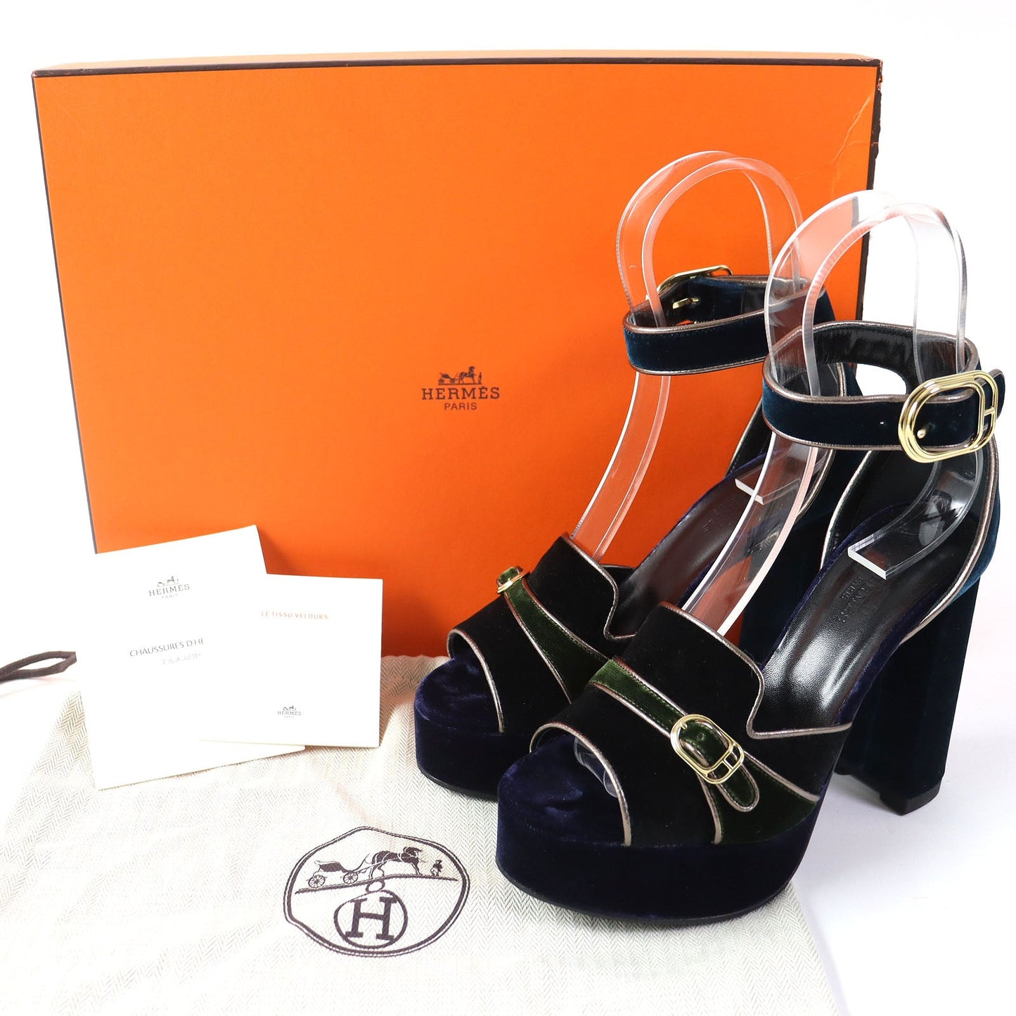 HERMES Sandals Velor Navy Ankle With Strap Chunky Heel Violetta Women 36