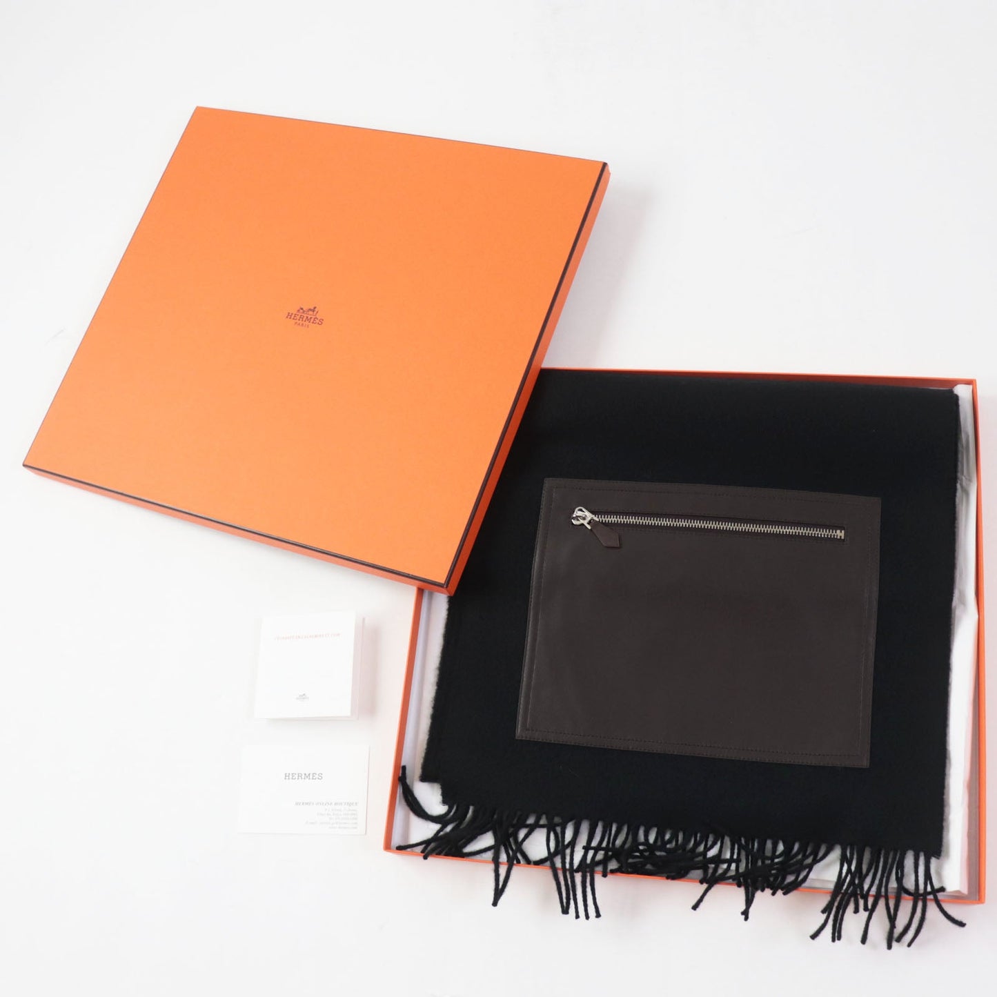 HERMES Scarf Main: 100% cashmere, Lining: 100% silk, Leather part: sheepskin black Escharp Pocket Silk In Women