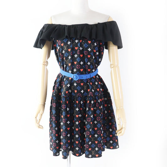 LOUIS VUITTON dress FKâcR51 Outer material: 100% silk, part: 90% cotton, part: 7% nylon, part: 3% polyurethane black multi Game On Ruffle Scoop Neck Babydoll Dress Women 36