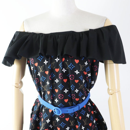 LOUIS VUITTON dress FKâcR51 Outer material: 100% silk, part: 90% cotton, part: 7% nylon, part: 3% polyurethane black multi Game On Ruffle Scoop Neck Babydoll Dress Women 36