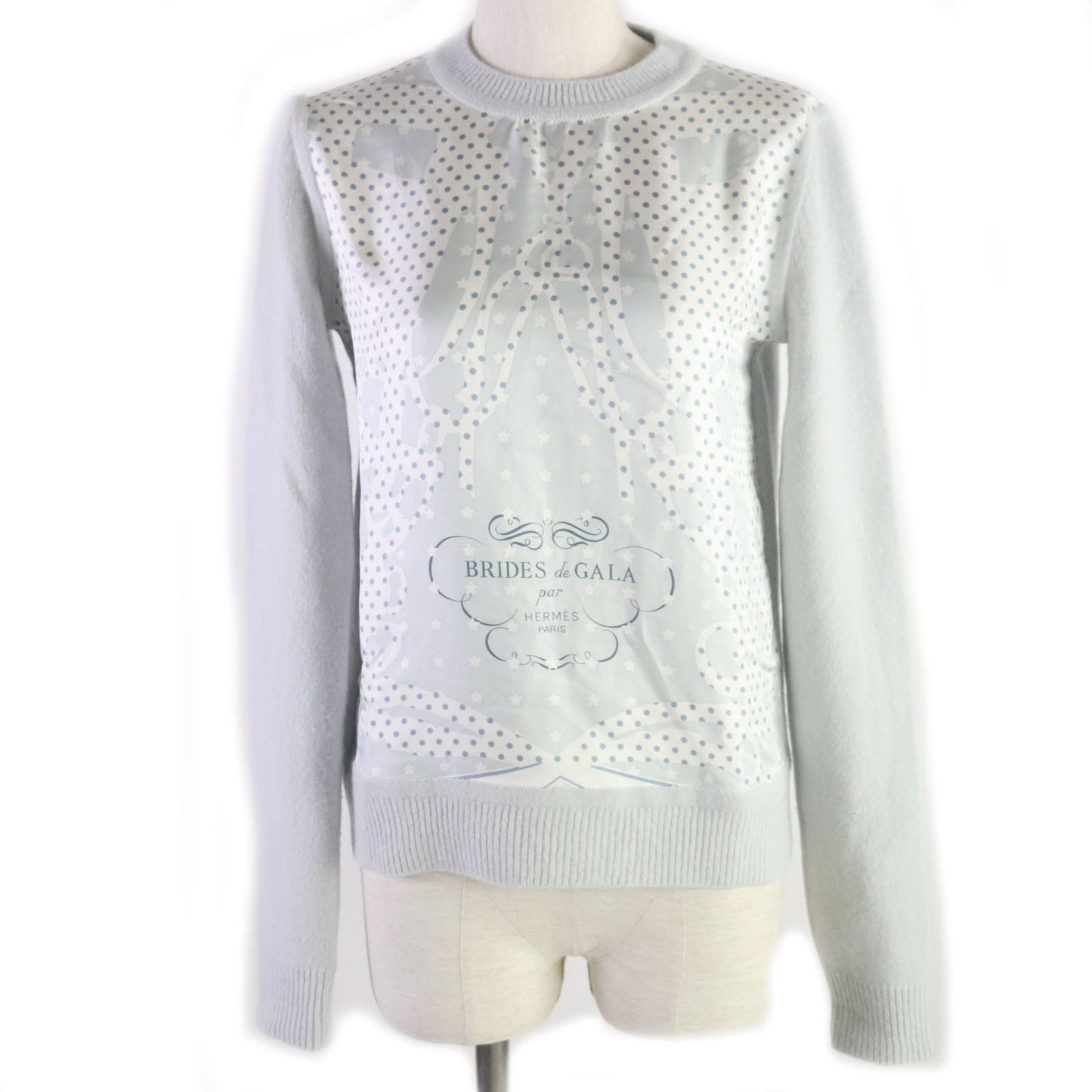 HERMES knit Printed part: 100% silk Knitted part: 68% wool, 29% cashmere, 3% nylon Ice blue Brides de Gala Women 34
