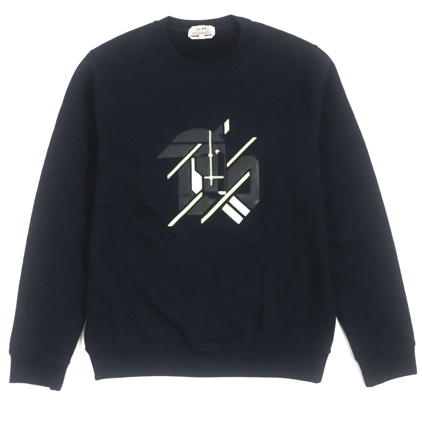 HERMES pullover Main: 100% cotton, Leather: Sheepskin Rib: 90% cotton, 10% polyurethane Navy Chevaux Symetrie mens M