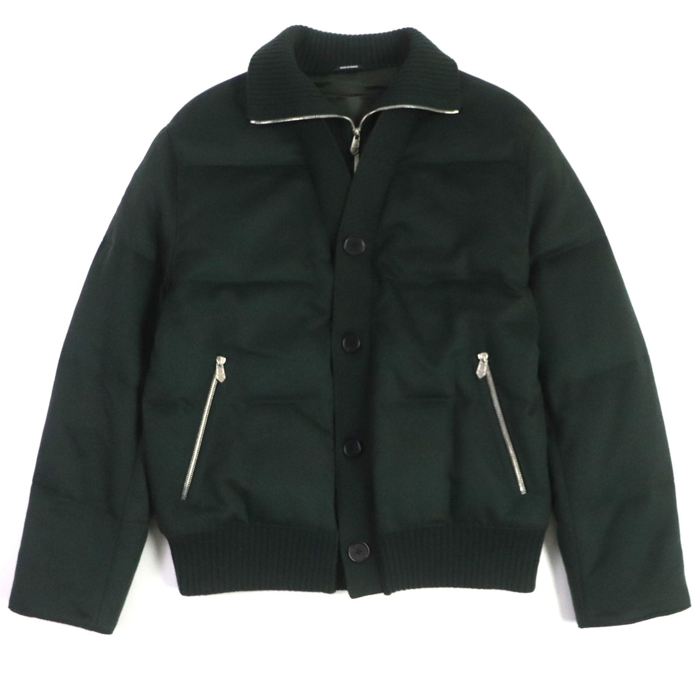 HERMES Down jacket Main: 100% cashmere, Lining: 100% cupra, Filling: 90% down, Filling: 10% feather, Knitted part: 66% wool, 28% cashmere, 5% nylon, 1% polyurethane green mens 46