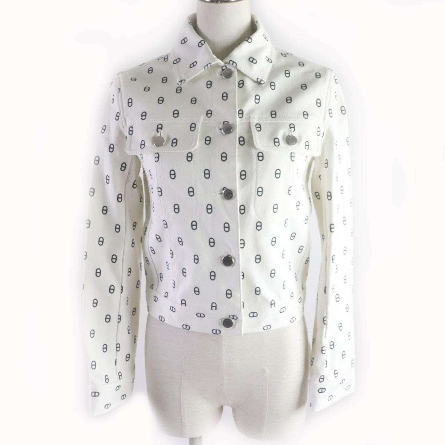 HERMES Denim Jacket Outer: 98% cotton, Outer: 2% polyurethane, Part: leather, Lining: 100% cotton White navy Women 40