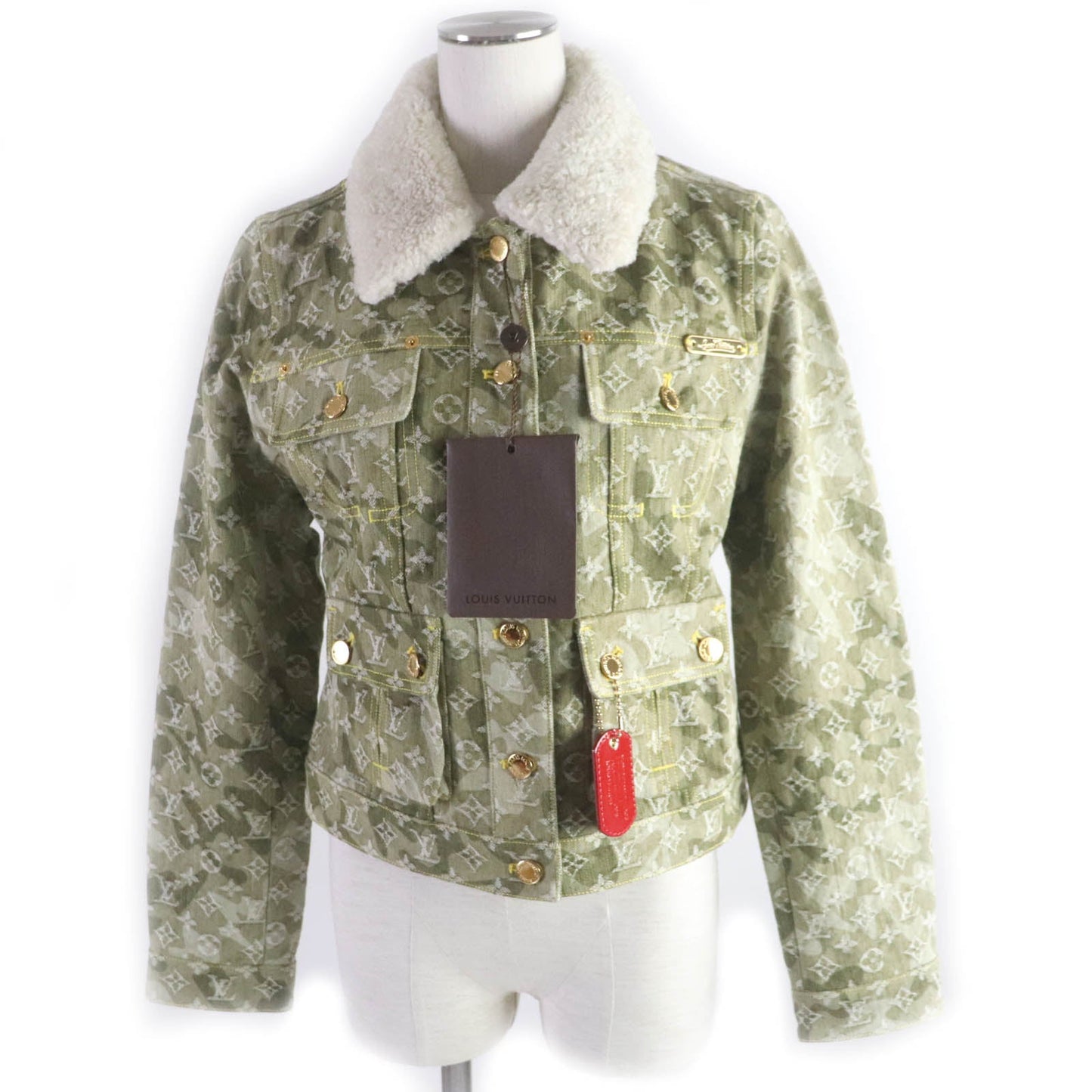 LOUIS VUITTON Denim Jacket Main: 100% cotton, Fur: Mouton khaki Monogrammed Lines Women 40