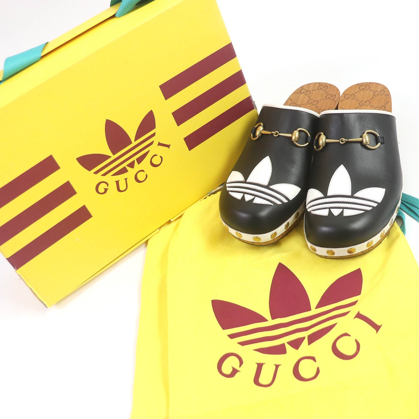 GUCCI Sandals 702252 Main: Leather, Wood black Clogs GGPattern sole Gucci x Adidas collaboration logo sandals mens 9