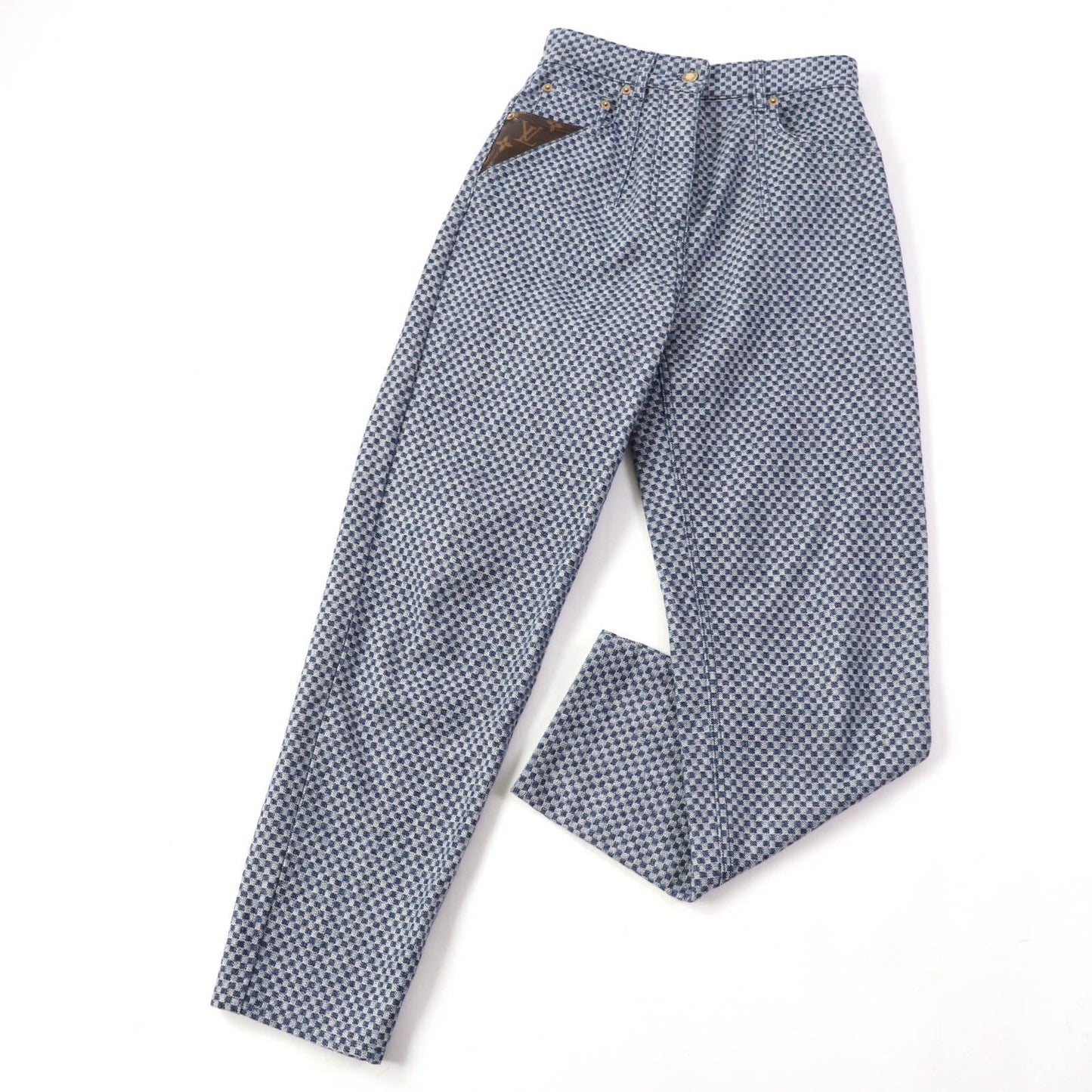 LOUIS VUITTON Denim pants Main: 100% cotton, Lining: 100% cotton, Part: 77% polyester, Part: 23% polyurethane, Part: 50% polyester, : 50% cotton Part: leather Navy Women 34