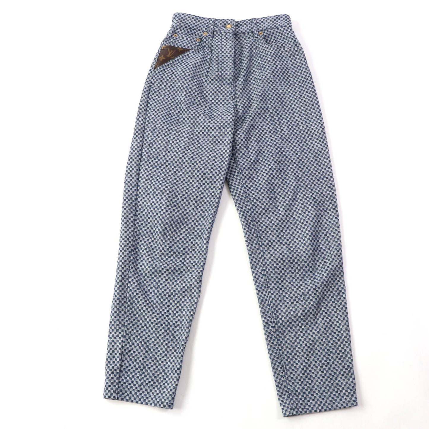 LOUIS VUITTON Denim pants Main: 100% cotton, Lining: 100% cotton, Part: 77% polyester, Part: 23% polyurethane, Part: 50% polyester, : 50% cotton Part: leather Navy Women 34