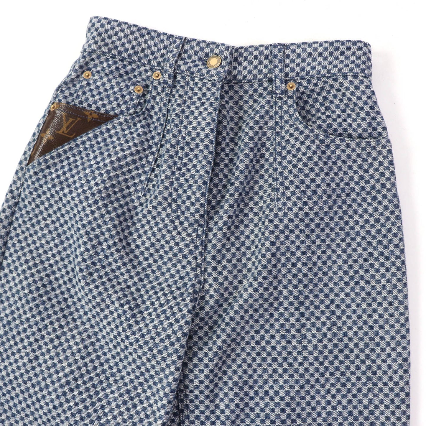 LOUIS VUITTON Denim pants Main: 100% cotton, Lining: 100% cotton, Part: 77% polyester, Part: 23% polyurethane, Part: 50% polyester, : 50% cotton Part: leather Navy Women 34