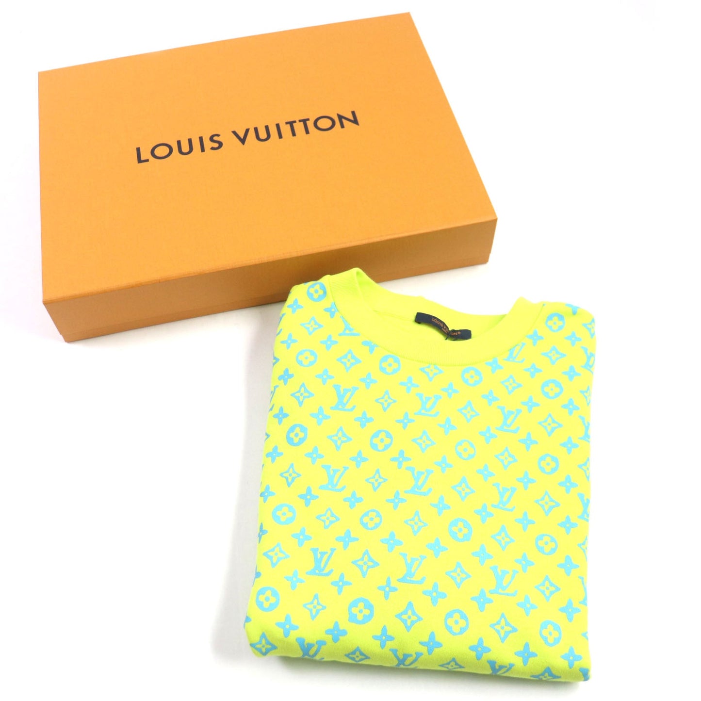 LOUIS VUITTON sweat Main: 100% cotton Lime Light Blue Monogram Print Chewneck Sweat Shirt mens XL