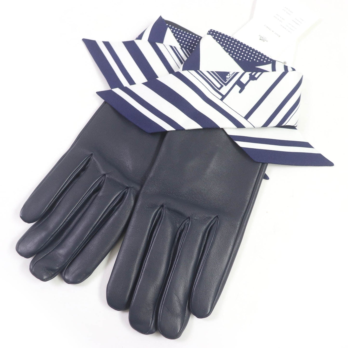 HERMES gloves Main: Lamb leather, Lining and scarf: 100% silk Navy Women 7.5