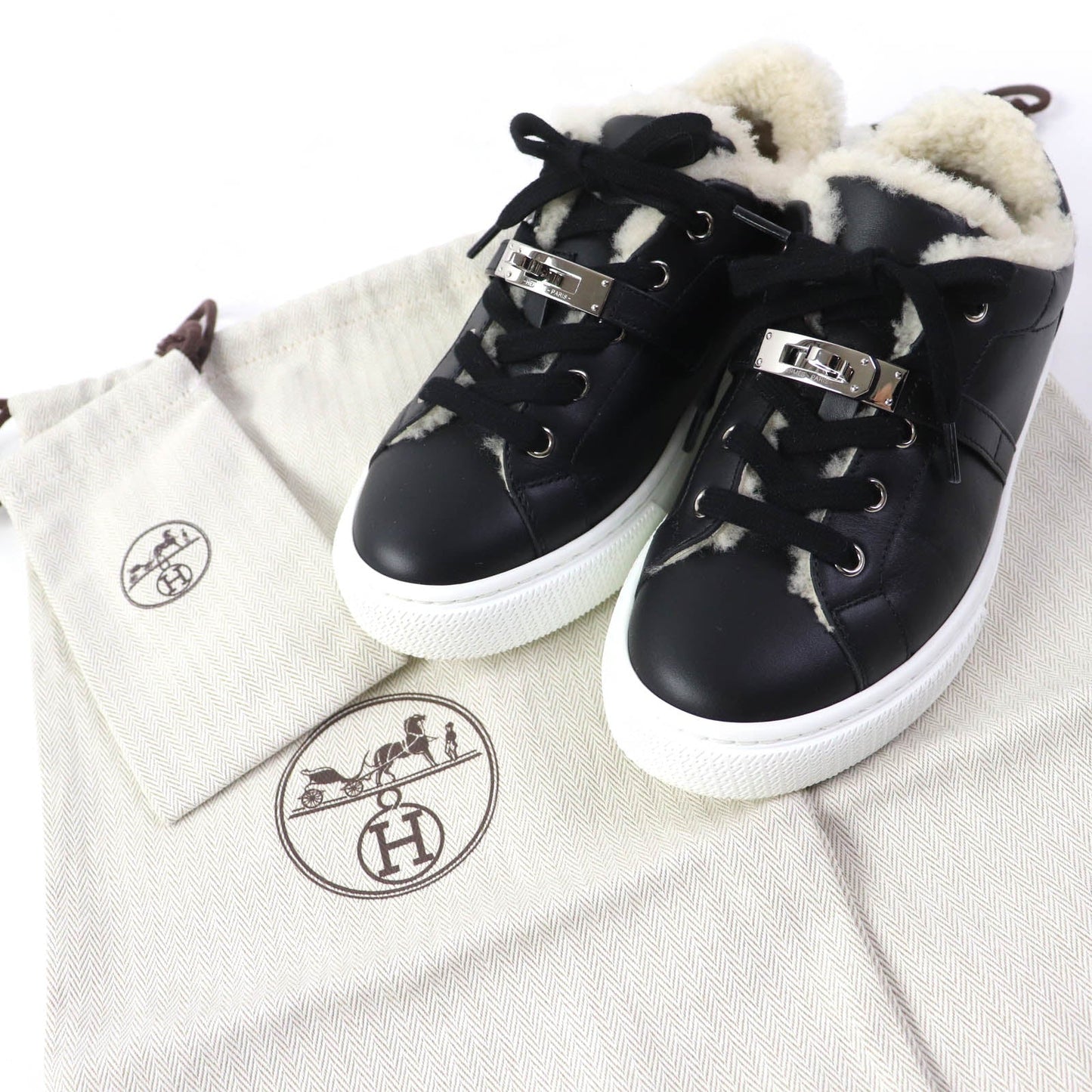 HERMES sneakers Sheepskin black Day Women 35.5